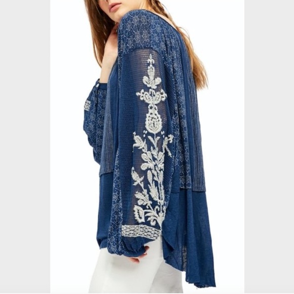 Free People Tops - Free People Indigo Dreams Embroidered Mesh Tunic
